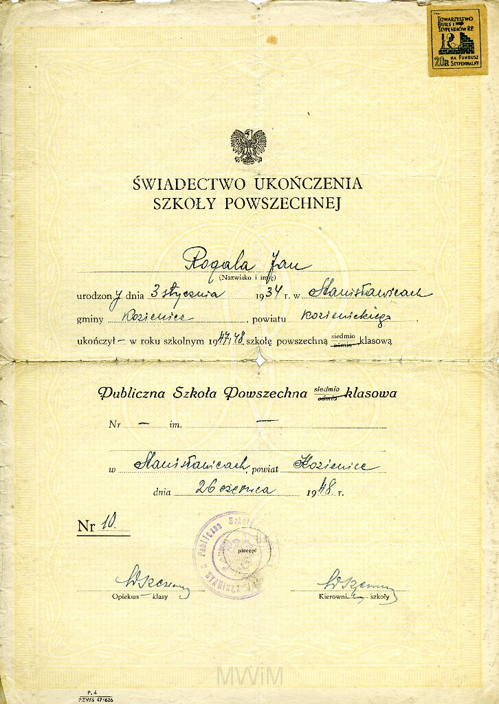 KKE 5851.jpg - Dok. Świadectwo szkolne wystawione przez Publiczna Szkołę Powszechną siedmo klasowa w Stanisławowicach dla Jana Rogala, Stanisławowice, 26 VI 1948 r.